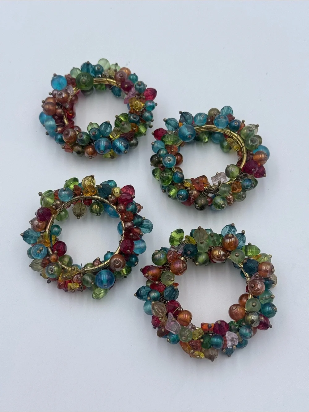 Vintage Pier 1 Glass Beaded Napkin Rings, Set Of 4, Boho, Colorful, Gold Rings